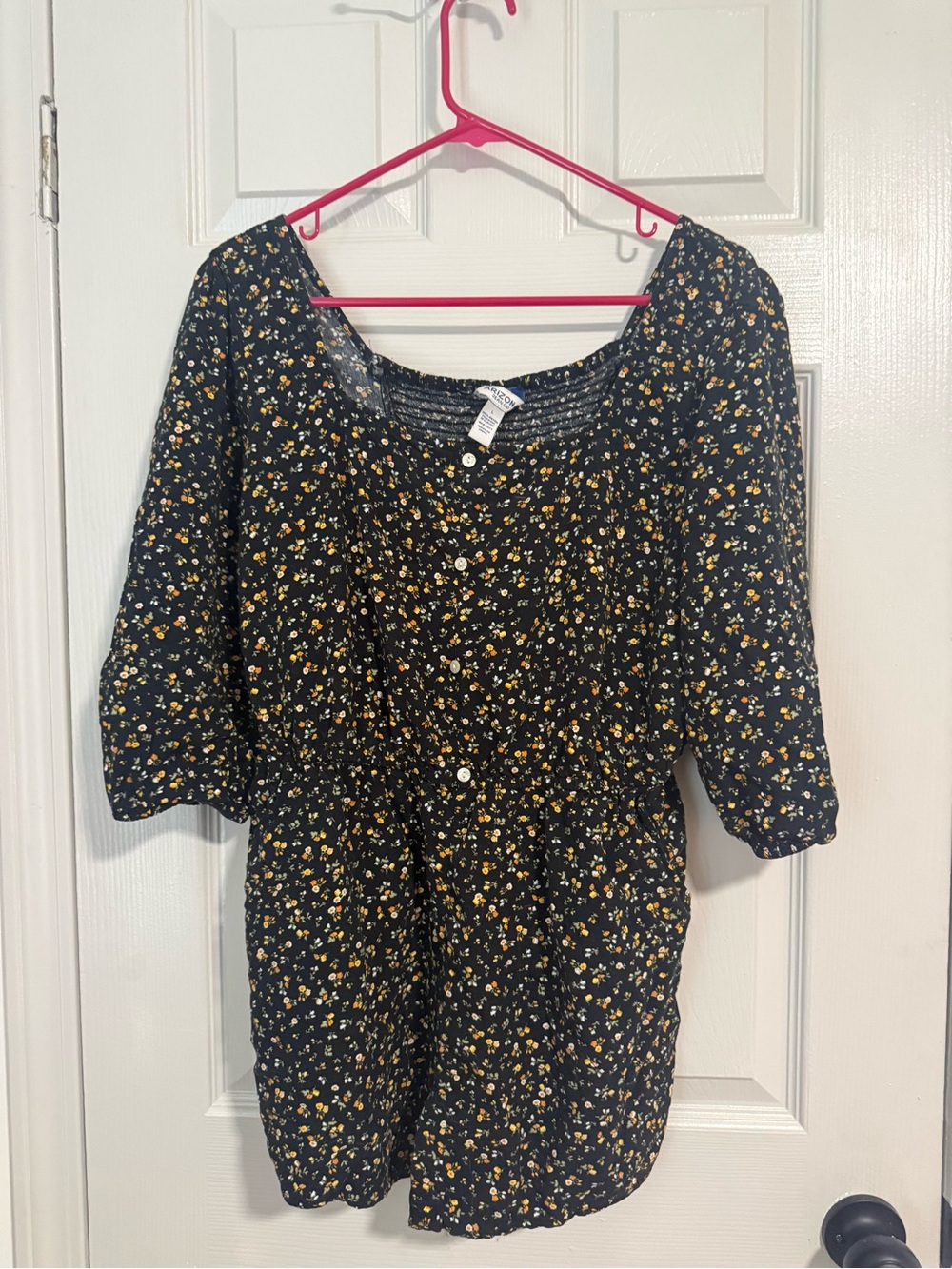 Black Floral Button Front Romper with Yellow Ditsy Print